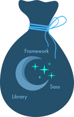 Blaues Säckchen mit hellblauem Band verschlossen und einem Mond, ein paar grünen Sternen und den Wörtern: „Framework“, „Sass“, „Library“