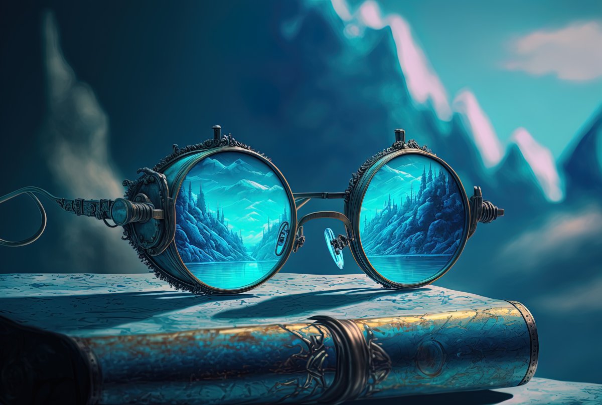 Auf einem Buch liegt eine Brille, in deren Gläsern sich Berge spiegeln