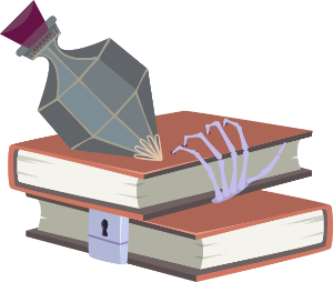 Zwei Bücher, eines mit Schloss, das andere mit einer Skelett-Hand, darauf ein grauer Glasflakon