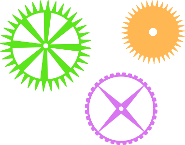 Zahnräder in Orange, Lila und Grün