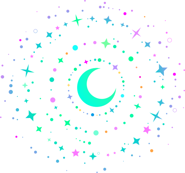 Grüne Mondsichel, umgeben von Kreisen mit Sternen und Punkten