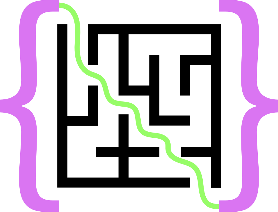 In geschweiften Klammern: Schwarzes Labyrinth mit grünem Lösungsweg 