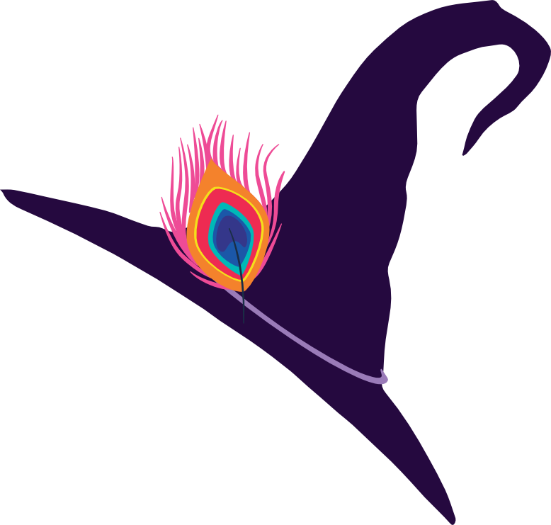 Hexen- oder Magierhut mit einer orange-roten Pfauenfeder