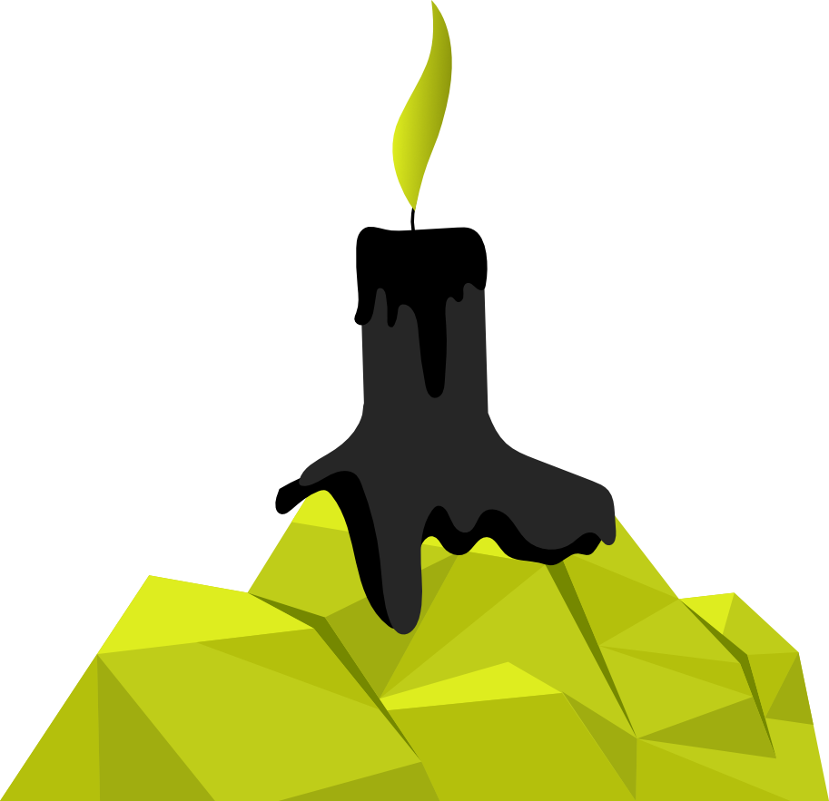 Schwarze, brennende Kerze auf gelbem Stein