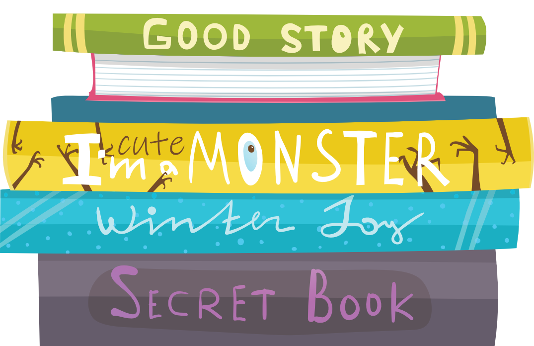 Ein Stapel Bücher mit den Titeln: „GOOD STORY“, „I’m a cute monster“, „Winter Joy“, „Secret Book“