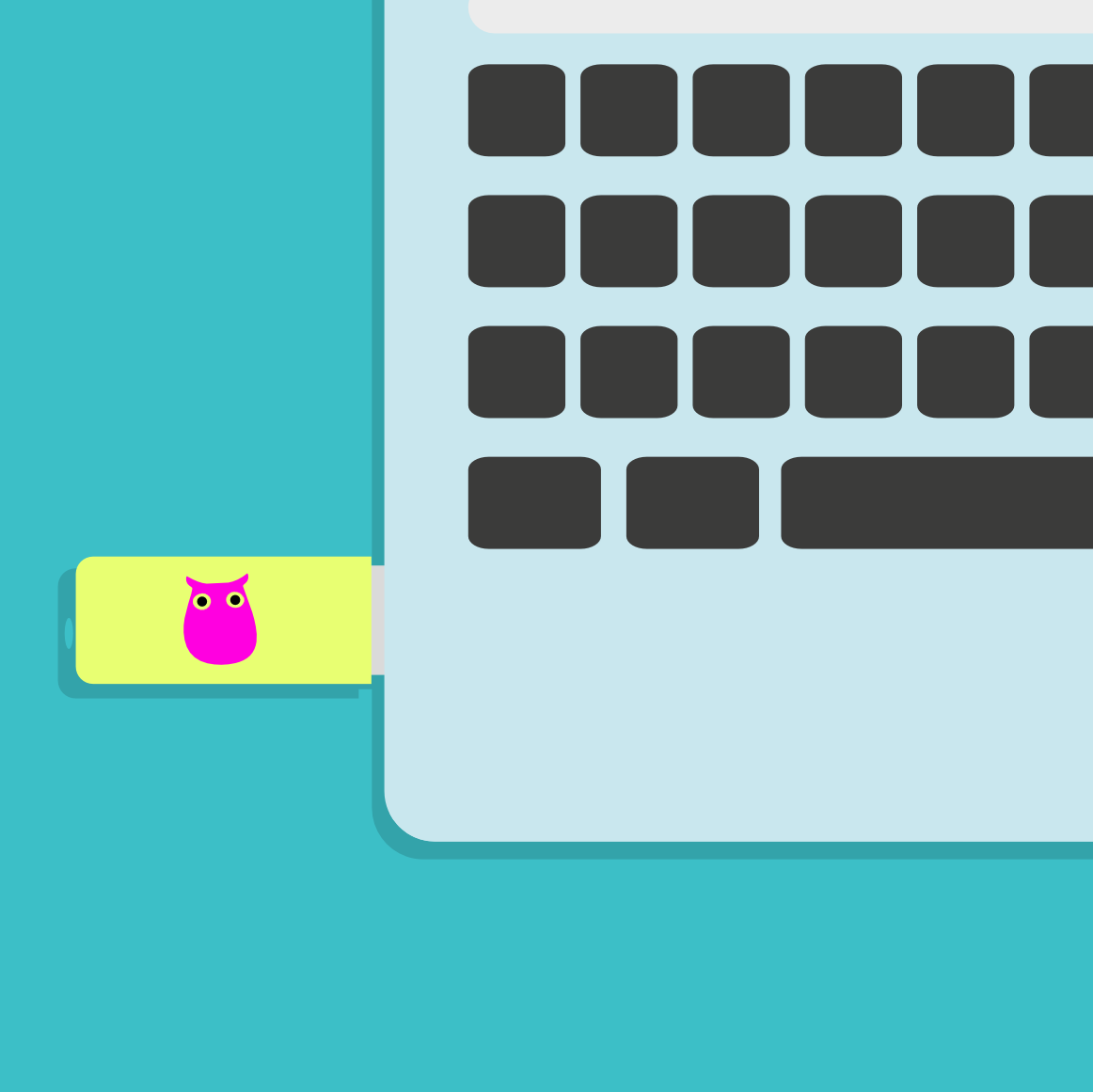 Nahaufnahme eines neongelben MP3-Sticks mit pinker Eule in einem Laptop