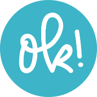 Blauer Kreis mit Schriftzug „ok!“