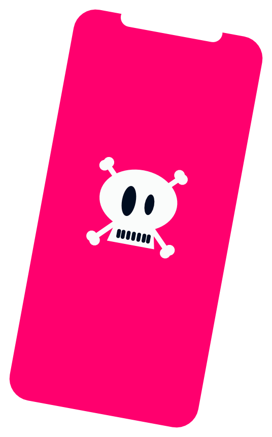  Weißes Smartphone mit rotem Display und weißem Totenkopf-Zeichen