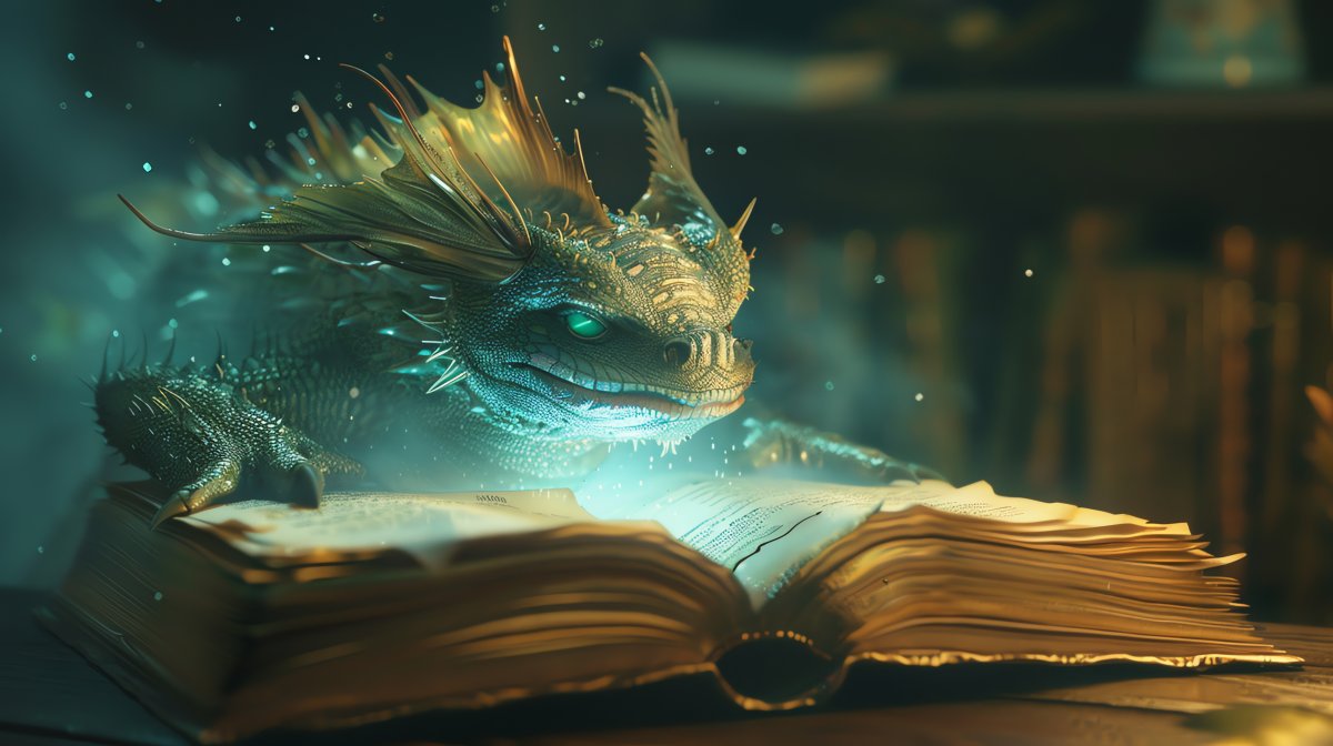 Silbriger Drache, über ein altes Buch gebückt