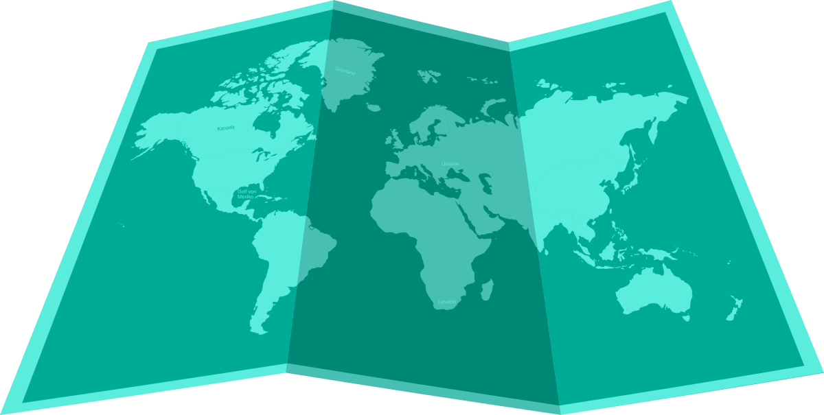 Grüne Weltkarte mit Markierungen: Golf von Mexiko, Kanada, Grönland, Ukraine, Lesotho