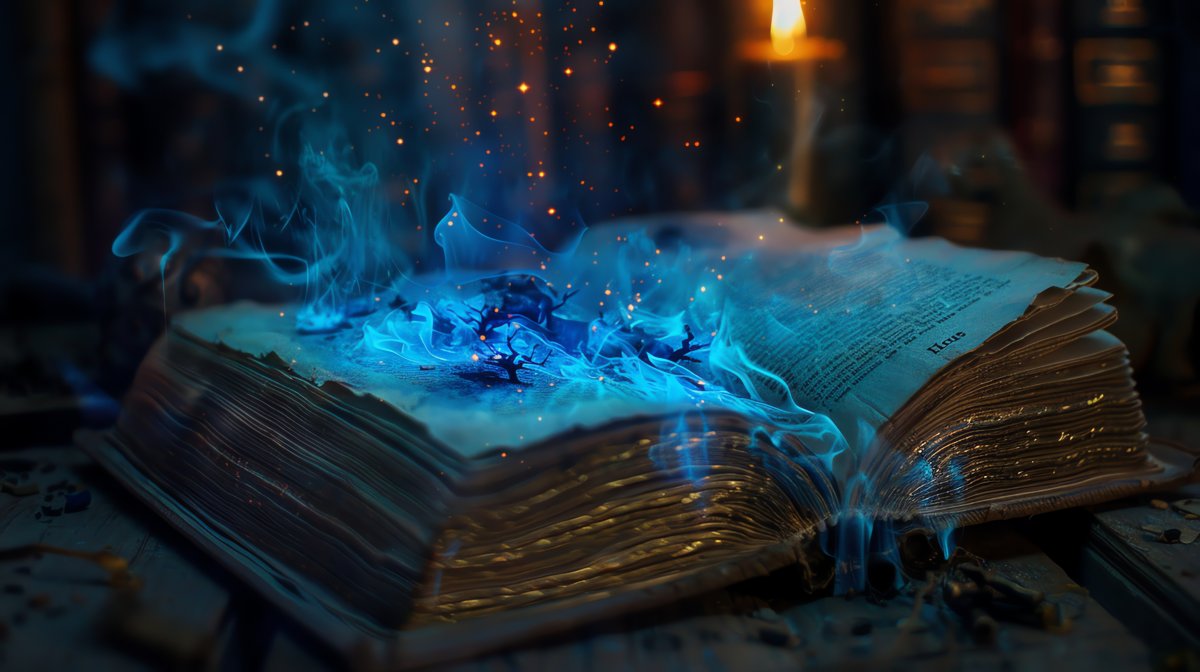 Mysteriöses, altes, edles, geöffnetes Buch, aus dem ein blau-türkiser Rauch und ein paar Funken aufsteigen