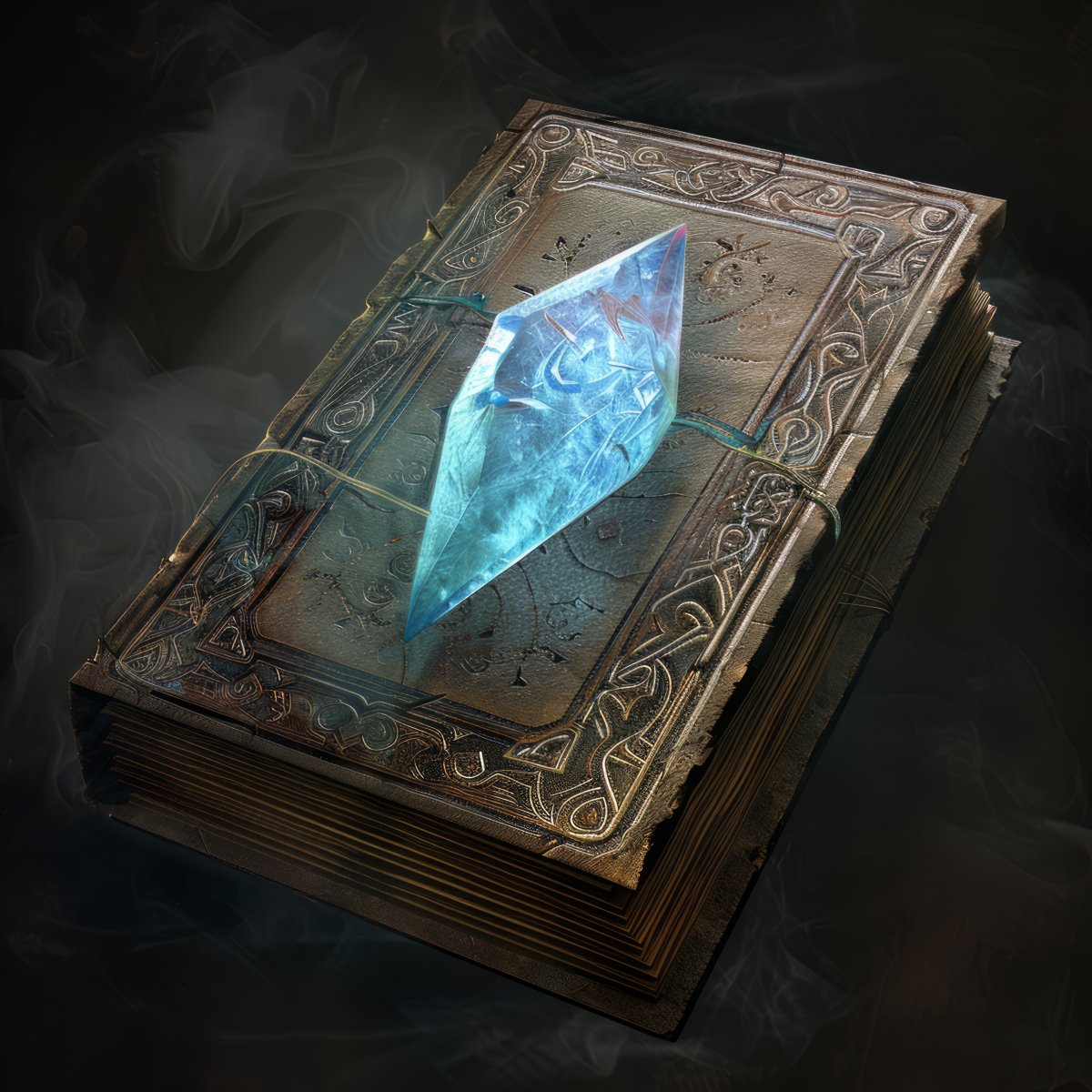 Altes Buch mit Verzierungen und einem großen, hellblauen Kristall auf dem Umschlag